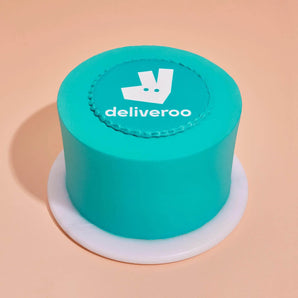 Corporate Colour Matched Cake with Logo in teal icing with edible Deliveroo logo plaque by Crumbs & Doilies